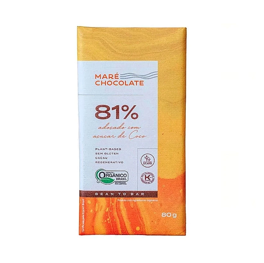 Chocolate Orgânico Maré Adoçado com Açúcar de Coco 81% de Cacau 80g